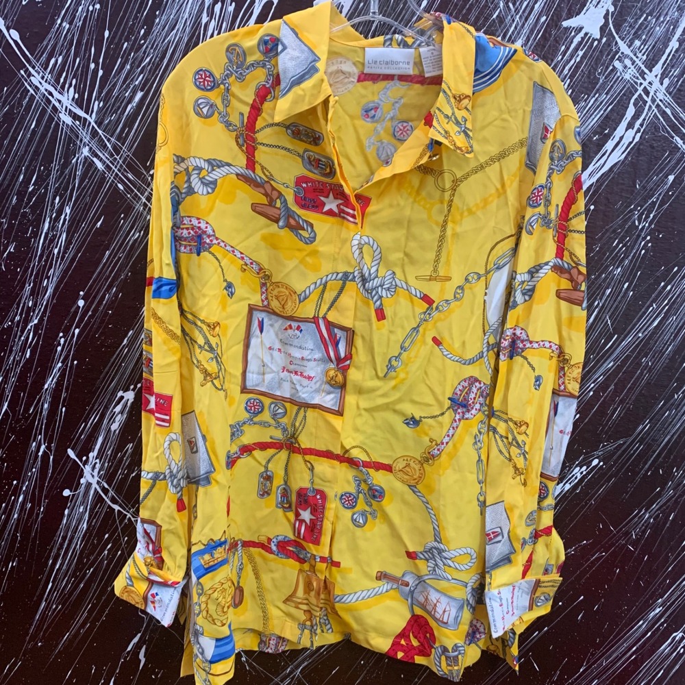 Liz Claiborne Petite Yellow Nautical Scarf Print Rayon Button Down Shirt Size 8P